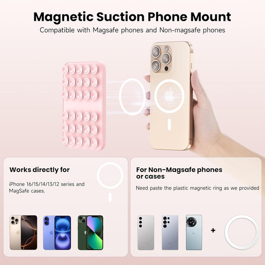 Patented Magnetic Sticky Phone Suction Grip Mount for MagSafe Case,Magnet Silicone Portable Stand Holder for iPhone 16/15/14/13/12 Series and Android, Hands-Free Selfies and Videos,Chalk Pink