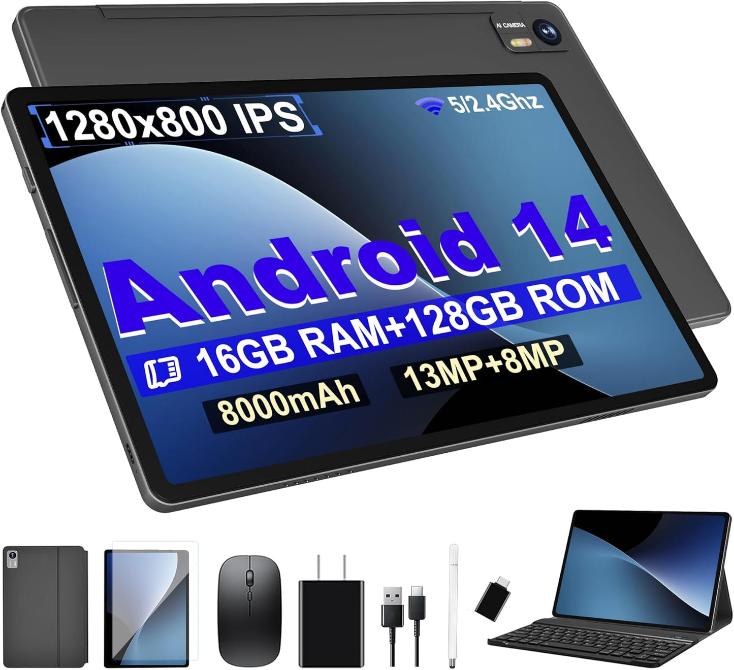 Android 14 Tablet with Keyboard，16GB RAM 128GB ROM 1TB Expand, 8000mAh Battery, 10.1 Inch Tablet with 13MP+8MP Camera/Bluetooth/GPS/WiFi/HD Display (Dark Gray)