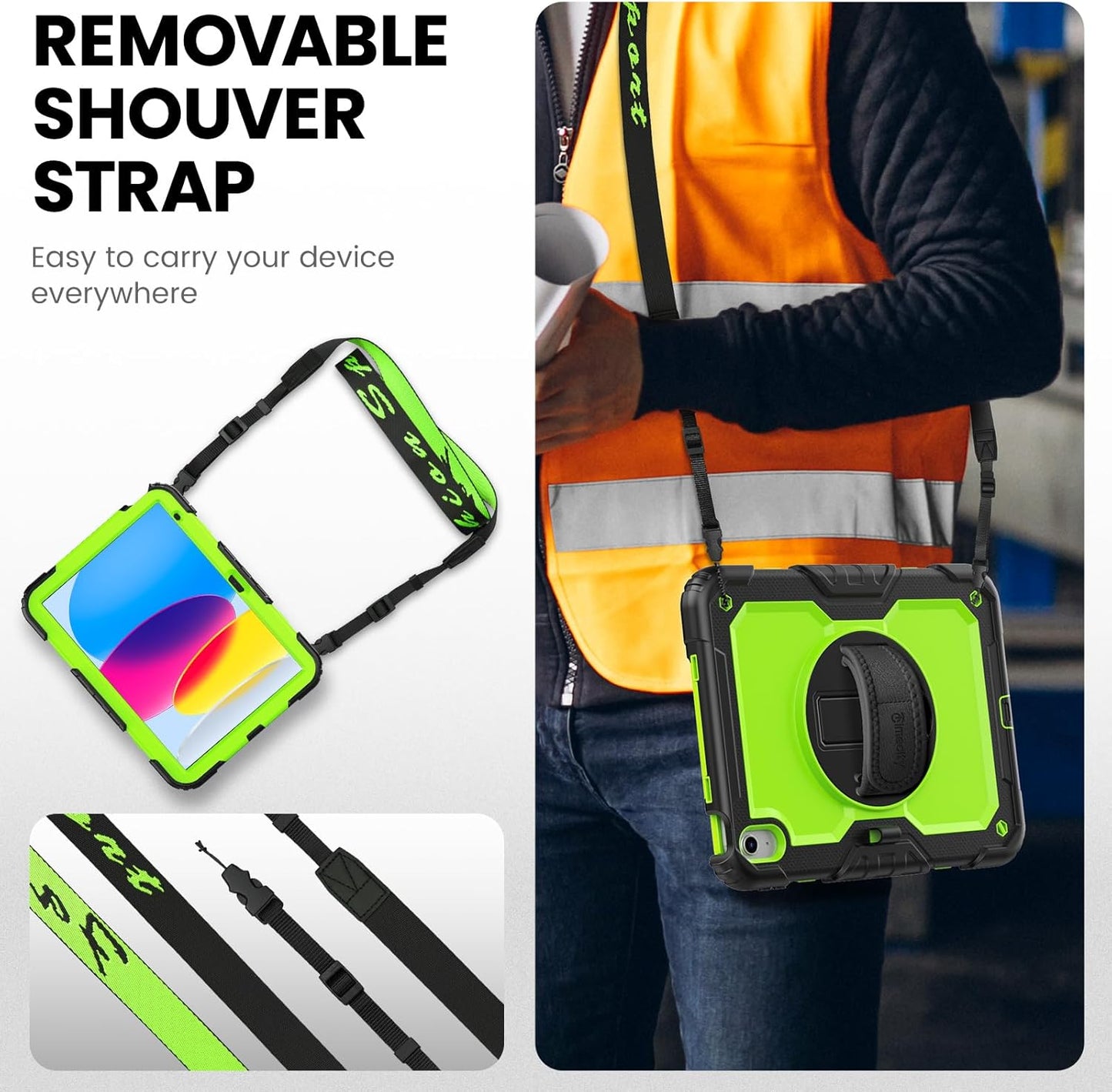 timecity for iPad (A16) 11th/ 10th Generation Case 11''/ 10.9 Inch (2025/2022) - Heavy Duty Protective Cover with Screen Protector, Stand, Shoulder Strap & Pencil Holder | Kids-Friendly - Green