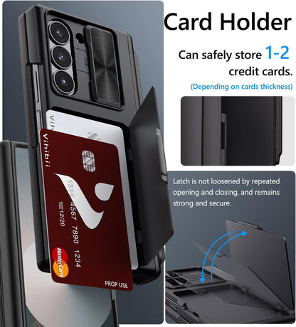 Vihibii for Samsung Galaxy Z Fold 6 Case with S Pen Holder & Card Holder & Slide Camera Cover & Screen Protector & Hinge Protection, Heavy Duty Rugged Wallet Phone Case for Galaxy Z Fold 6, Black