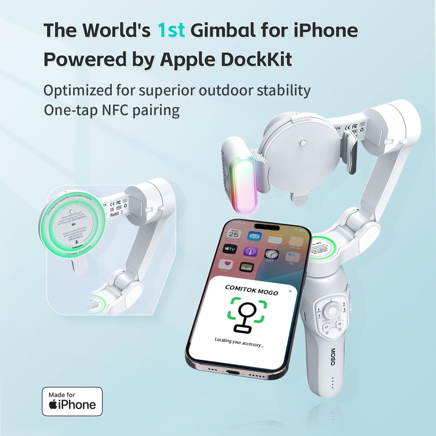 Only for iPhone, MOGO [Apple MFi Certified] Gimbal Stabilizer with Phone Clamp & RGB Light, Video Gimbal Stabilizer Allows Select Tracking Subject, Gaze-Tracking for iPhone 16 15 Pro Max