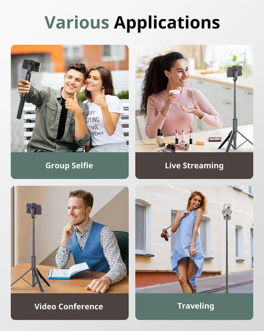 Sensyne 60" Phone Tripod - Selfie Stick, Lightweight All in One Phone Tripod Integrated with Wireless Remote Compatible with All Cell Phones for Selfie/Video Recording/Photo/Live Stream/Vlog（Black）