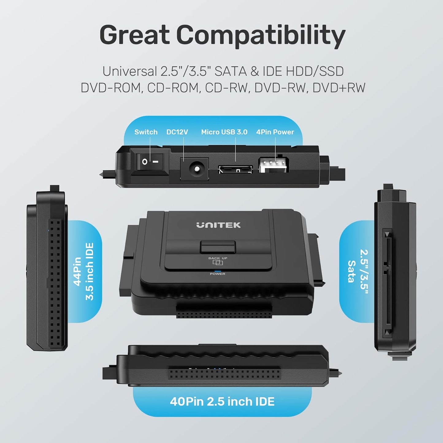 Unitek USB C to IDE and SATA Converter External Hard Drive Adapter Kit for Universal 2.5/3.5 HDD/SSD Hard Drive Disk, One Touch Backup Function, Included 12V/2A Power Adapter