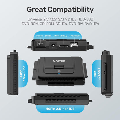 Unitek USB C to IDE and SATA Converter External Hard Drive Adapter Kit for Universal 2.5/3.5 HDD/SSD Hard Drive Disk, One Touch Backup Function, Included 12V/2A Power Adapter