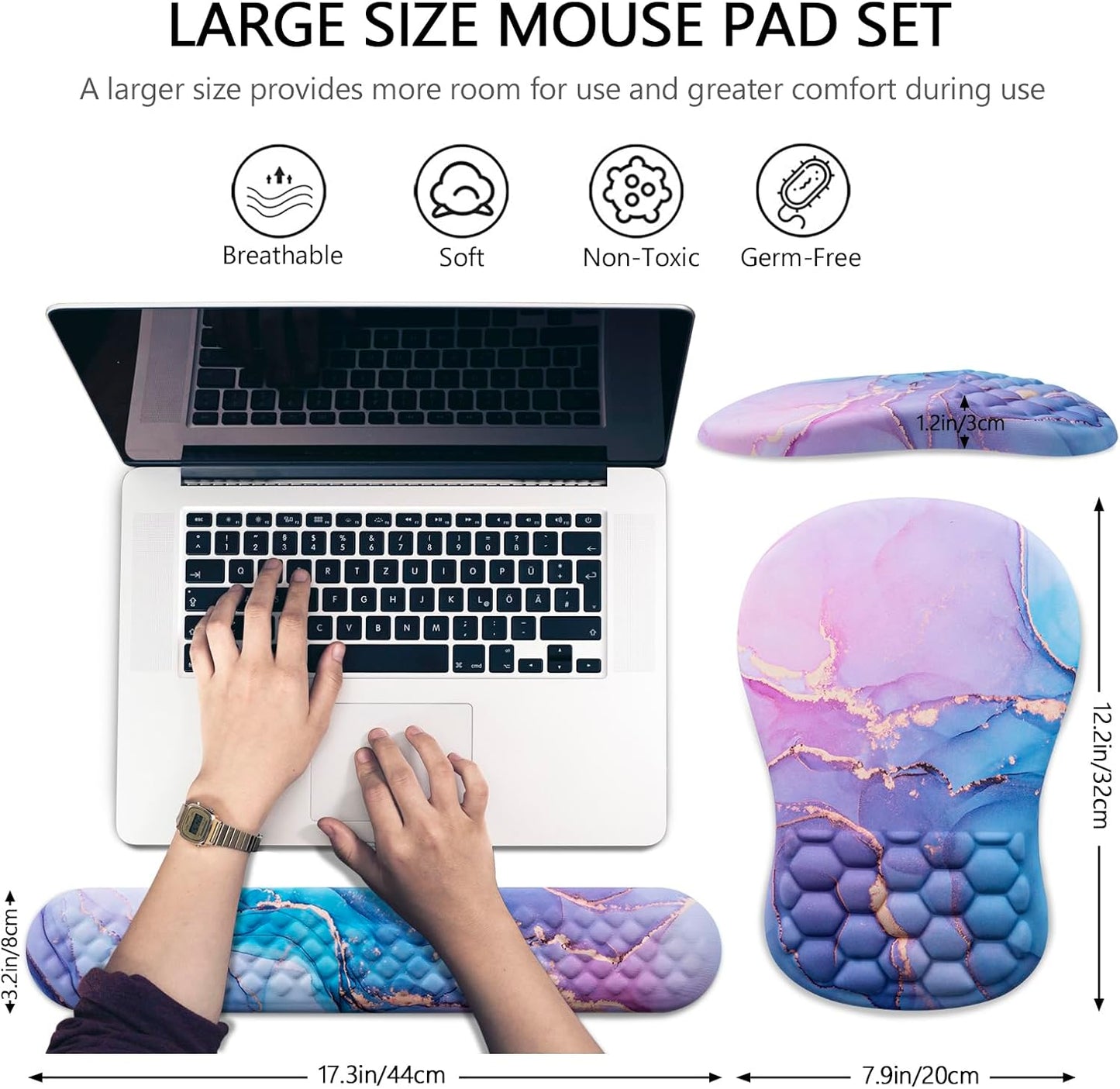 Mouse Pad Wrist Support, Laokiiy 2 in1 Keyboard Wrist Rest+ Ergonomic Mouse Pad, Non-Slip Wrist Rest for Computer Keyboard, Made Easy Typing & Relieve Wrist Pain(Blue Pink Marble)