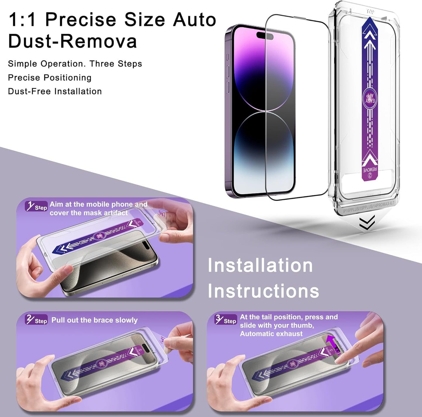 2 Pack Screen Protector for iPhone 14 Pro Max/iPhone 15 Plus/iPhone 16 Plus, 9H Tempered Glass, Full Coverage, Anti-Fingerprint, Auto Dust-Elimination, No Bubble, Easy Installation
