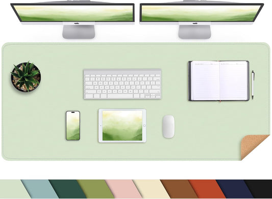 Leather Desk pad Protector, 47in*23in Large Desk mat with Natural Cork & PU Leather,Mouse pad,Non-Slip Office Desk Mat,Waterproof Desk Writing Pad for Office and Home (Light Green)