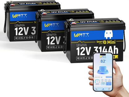 12V 314Ah Lithium LiFePO4 Battery Mini with Bluetooth 5.0 BMS 200A, 4.01kWh Energy, Upgraded Aluminum Cooling Fins & Braided Copper Wires, upporting devices over 2000W (3 PCAK)