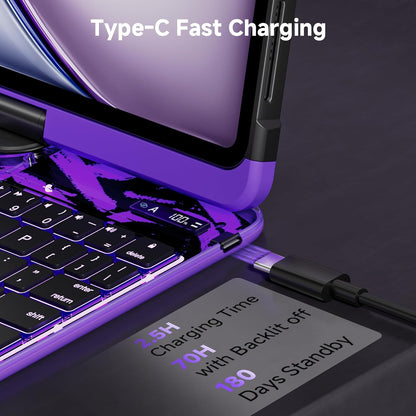 iPad Keyboard Case for 2024 M4 iPad Pro 13 inch, Magic Wireless Keyboard with Trackpad 7 Color Backlit, 360° Rotating Stand Transparent Protective Cover with Pencil Holder (Purple)