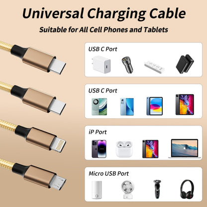 USB C Multi Charging Cable [2Pack 4FT], 3 in 1 Charging Cable Nylon Braided USB-C Multiple Charger Cord with Type-C, Micro USB and IP Port for Cell Phones and More (Golden)