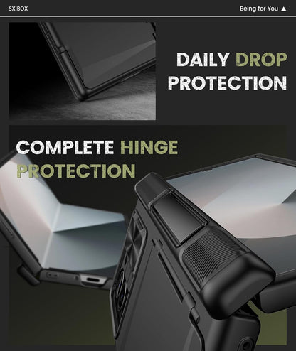 for Galaxy Z Fold 6 Case with Card Holder & Kickstand & Hinge Protection & Sliding Lens Cover, Built-in Screen Protector, Rugged Wallet Phone Case for Samsung Z Fold6, Black