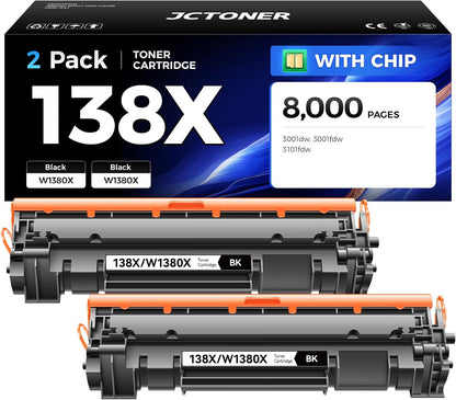 138X Black Toner Cartridge 2-Pack with Chip Compatible with HP 138X W1380X 138A W1380A Toner Replacement for Laserjet Pro MFP 3001dw 3001fdw 3101fdw Printer 3101 3001 Laser Printer All-In-One Copier