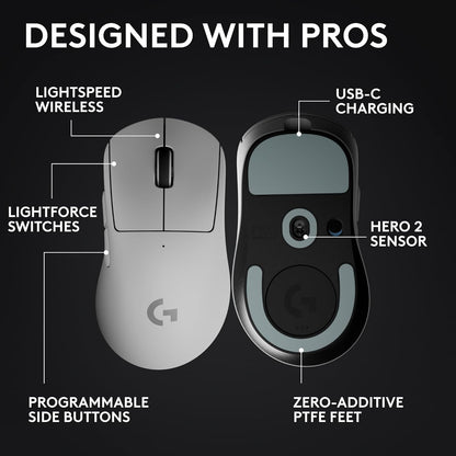Logitech G PRO X Superlight 2 DEX Wireless Gaming Mouse, 60g pro-Grade Right-Handed Mouse with 5 programmable Buttons, USB-C Charging, 44k DPI Sensor, up to 8 kHz Polling for PC/Mac - White