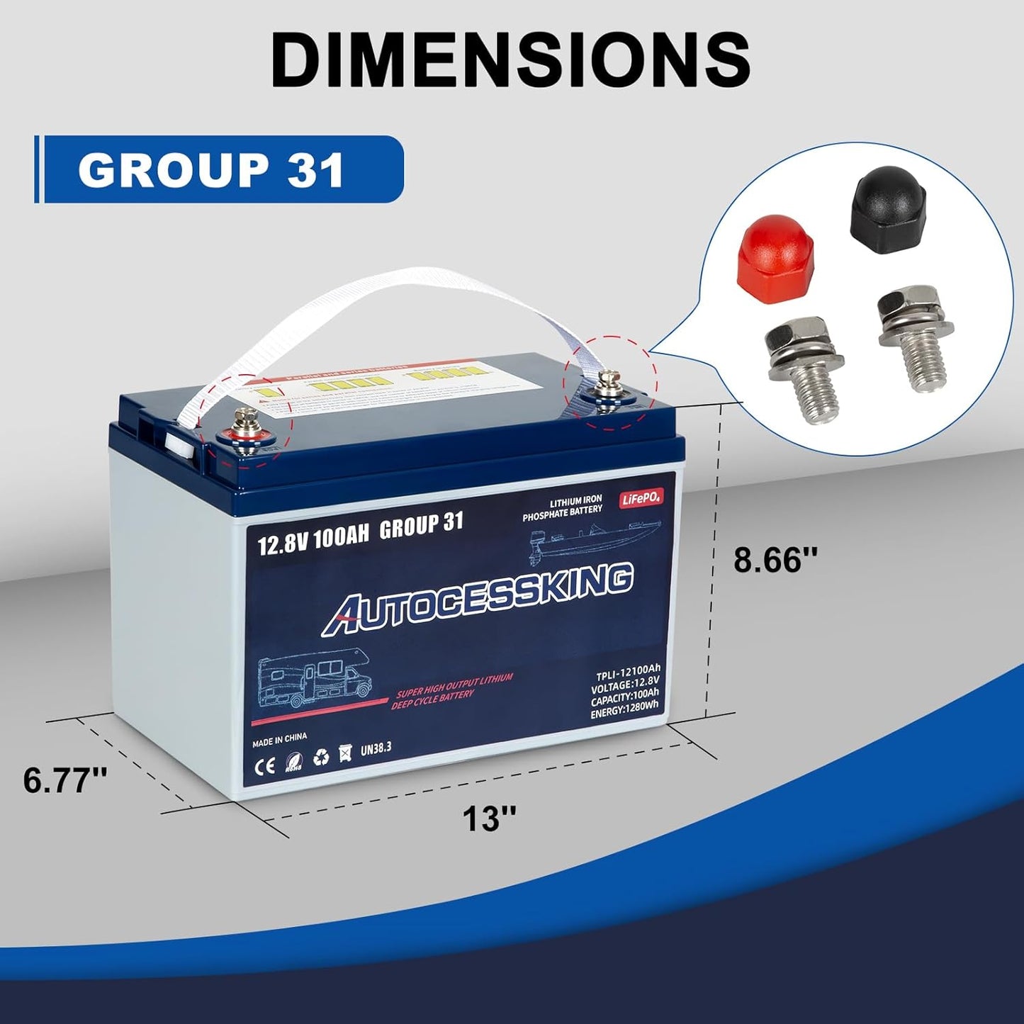 12V 100Ah BCI Group 31 LiFePO4 Battery, 100A BMS Rechargeable Lithium Battery with Low-Temp Protection, Up to 15000 Cycles Perfect for RV, Camping, Solar, Off-Grid and Boat