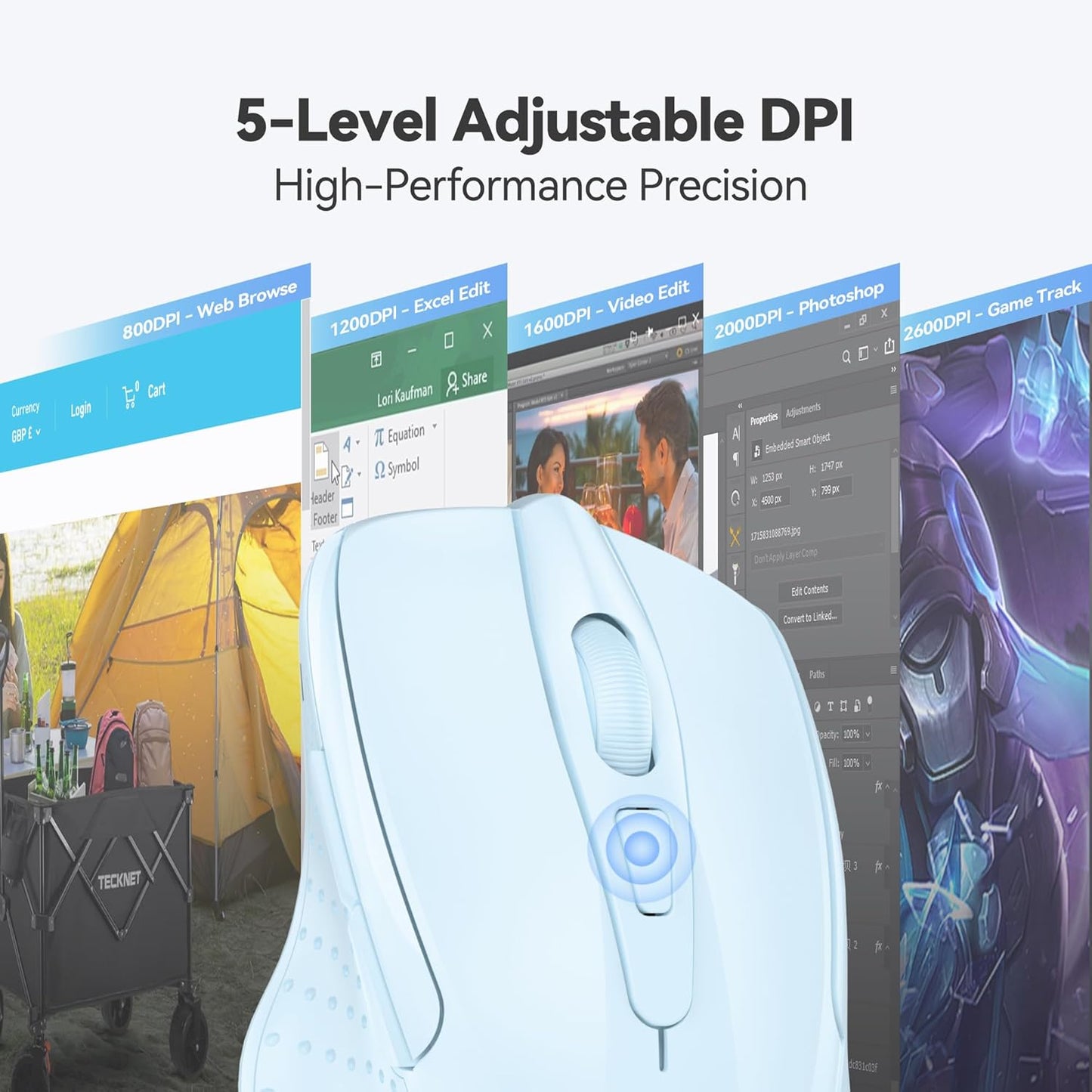 TECKNET Wireless Mouse, 2.4G Ergonomic Optical Mouse, Computer Mouse for Laptop, PC, Computer, Chromebook, Notebook, 6 Buttons, 24 Months Battery Life, 4000 DPI, 6 Adjustment Levels