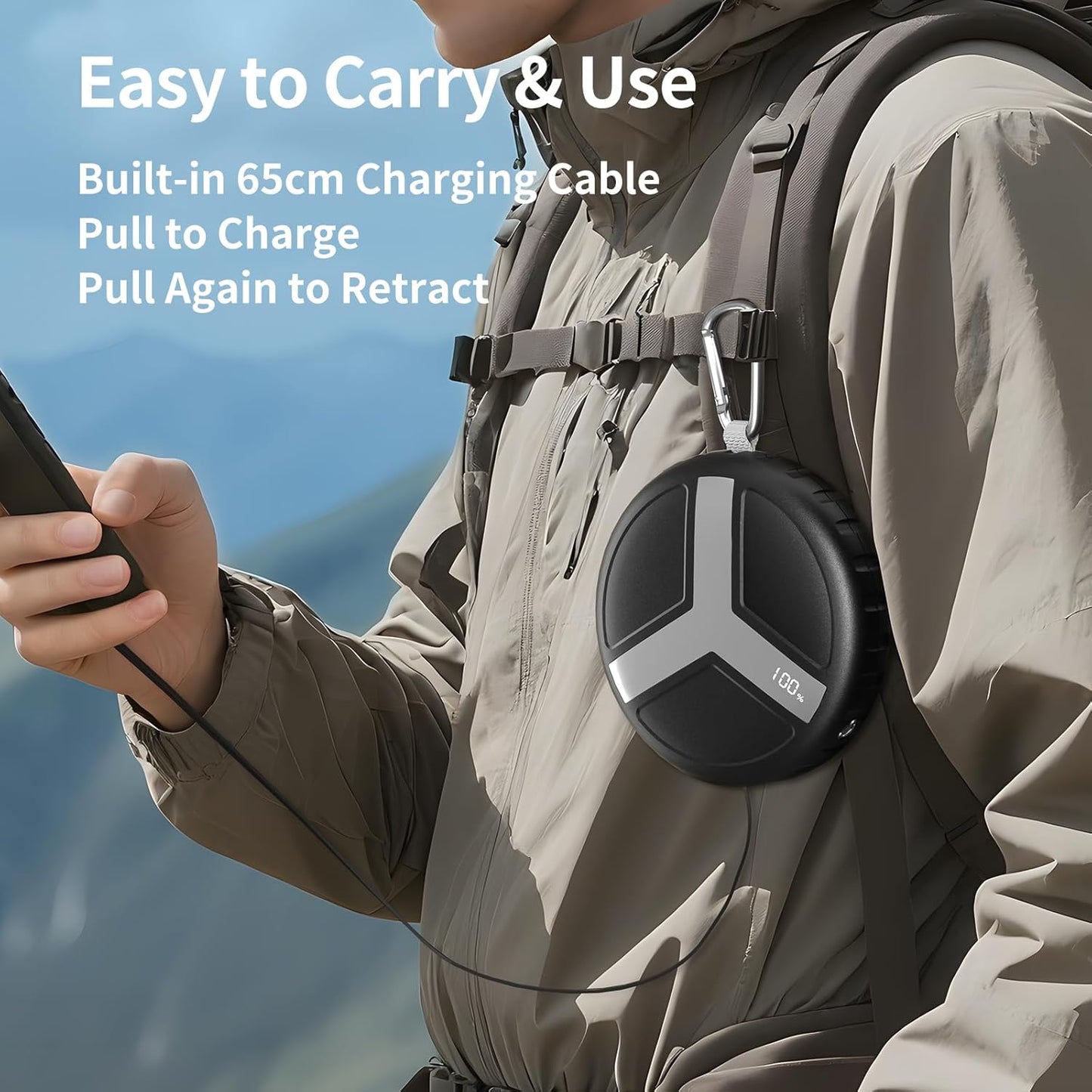 Vivilumens Retractable Power Bank Outdoor Portable 10000mAh Cell Phone Fast Charging Wearable Compact Battery Pack with 25.5 inch Built-in USB C Cable Compatible Iphone Lighting Function for Traveling