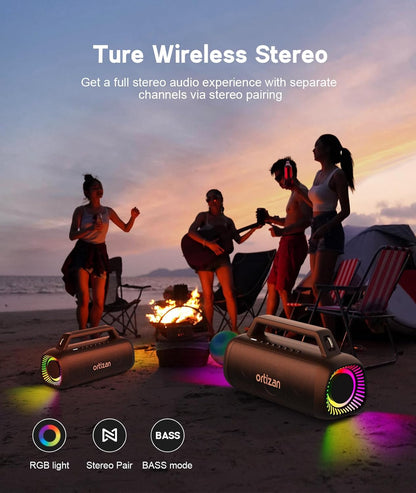 Ortizan Portable Bluetooth Speaker Loud, 80W Peak, Bass Up, 20H Playtime, IPX7 Waterproof, RGB Lights, Wireless Stereo Pairing, BT5.3, USB-C, Subwoofer Outdoor Speaker for Camping, Beach, Backyard