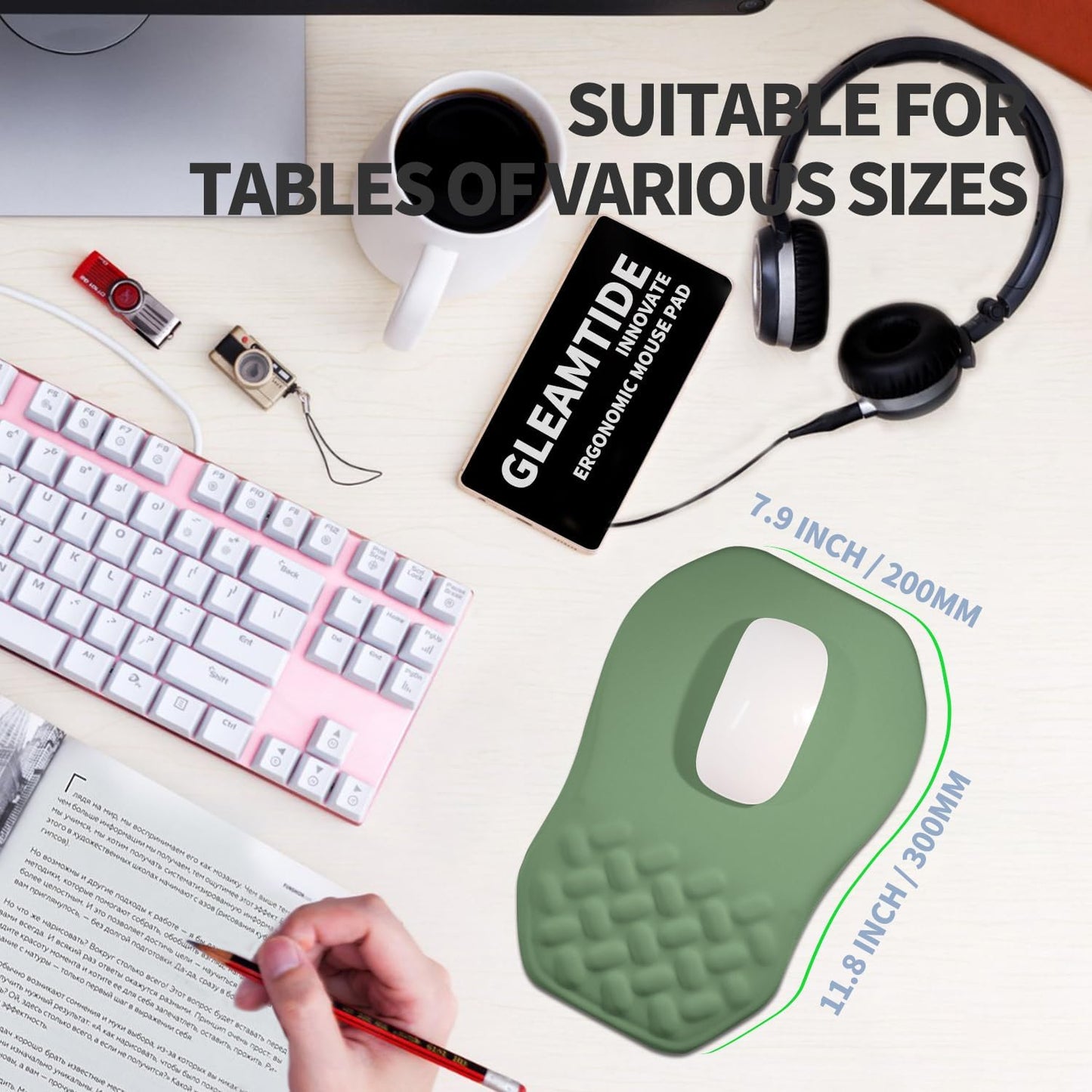 Ergonomic Raised Mouse Pad Wrist Support with Bilateral Slope Memory Foam Mousepad for Wrist Rest and Carpal Tunnel Pain Relief 11.8x7.9〃 Green