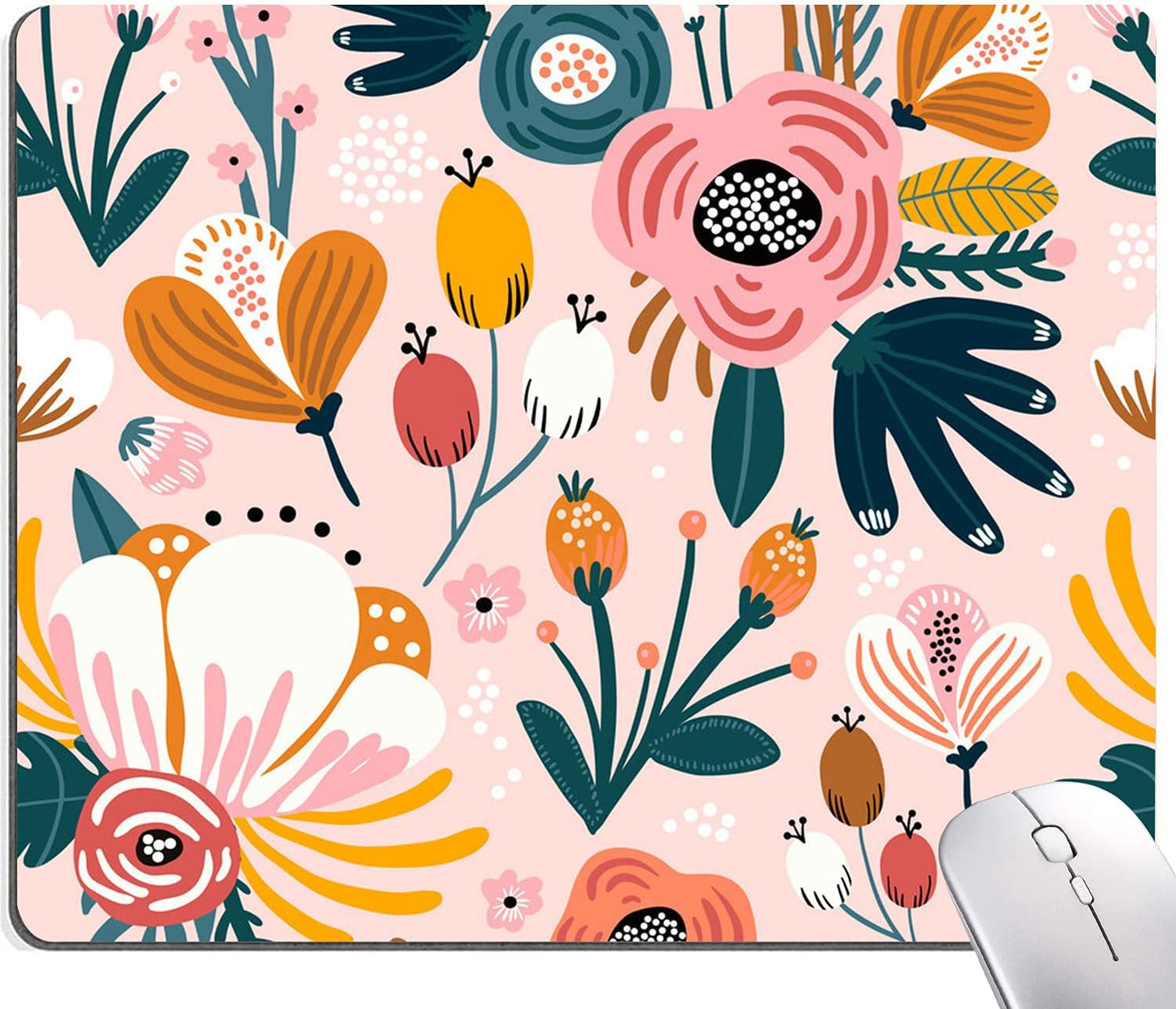 Pink Cute Flower Mouse Pad, Floarl Mouse Pad Custom Design, Square Waterproof Mouse Pad Non-Slip Rubber Base MousePads for Office Laptop, 9.5x7.9x0.12 Inch