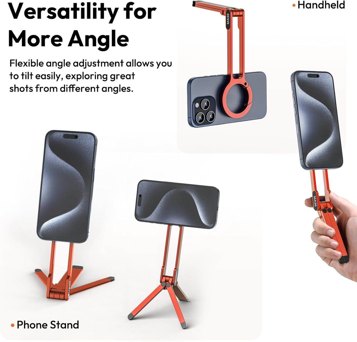 ULANZI MA30 Magnetic Phone Tripod Stand for iPhone - Aluminium Maglock Smartphone Mini Tripod Pocket Cell Phone Stand Strong Magnet Quick Mount Compatible with iPhone 16 15 14 13 12 Series, Orange