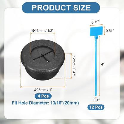 uxcell 4Pcs Cable Cord Grommet, 13/16"(20mm) Rubber Desk Grommets Wire Pass Through Hole Cover with Marked Cable Ties for Home Office Cable Wire Protection, Black