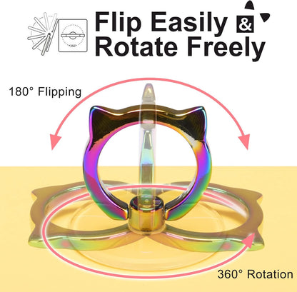 Cat Phone Ring Holder Grip- EI Sonador Transparent Cell Phone Ring Stand Holder Clear Kickstand Finger Grip, Compatible with Most of Phones, Tablets and Case (2 Colorful Cat)