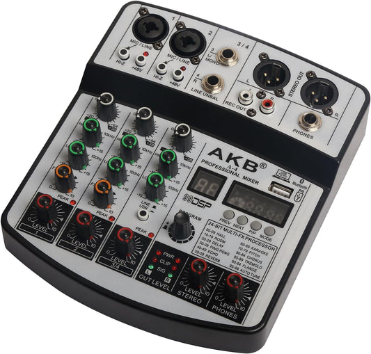 Dj Mixers 4 Channel Audio Mixer Sound Board with Bluetooth, Usb Audio Interface with 48V Phantom Power Sounds Mixer Board with 99 DSP FX Reverb Delay Effect