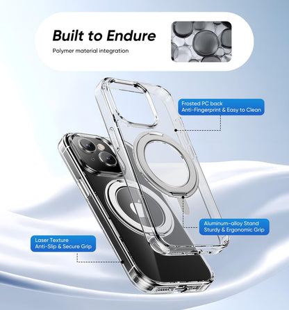 MAGIC JOHN for iPhone 15 Case 360° Rotatable Magnetic Invisible Stand, Fit for MagSafe 15 Phone Case, 16FT Military Grade Shockproof for iPhone Case with Kickstand, Clear