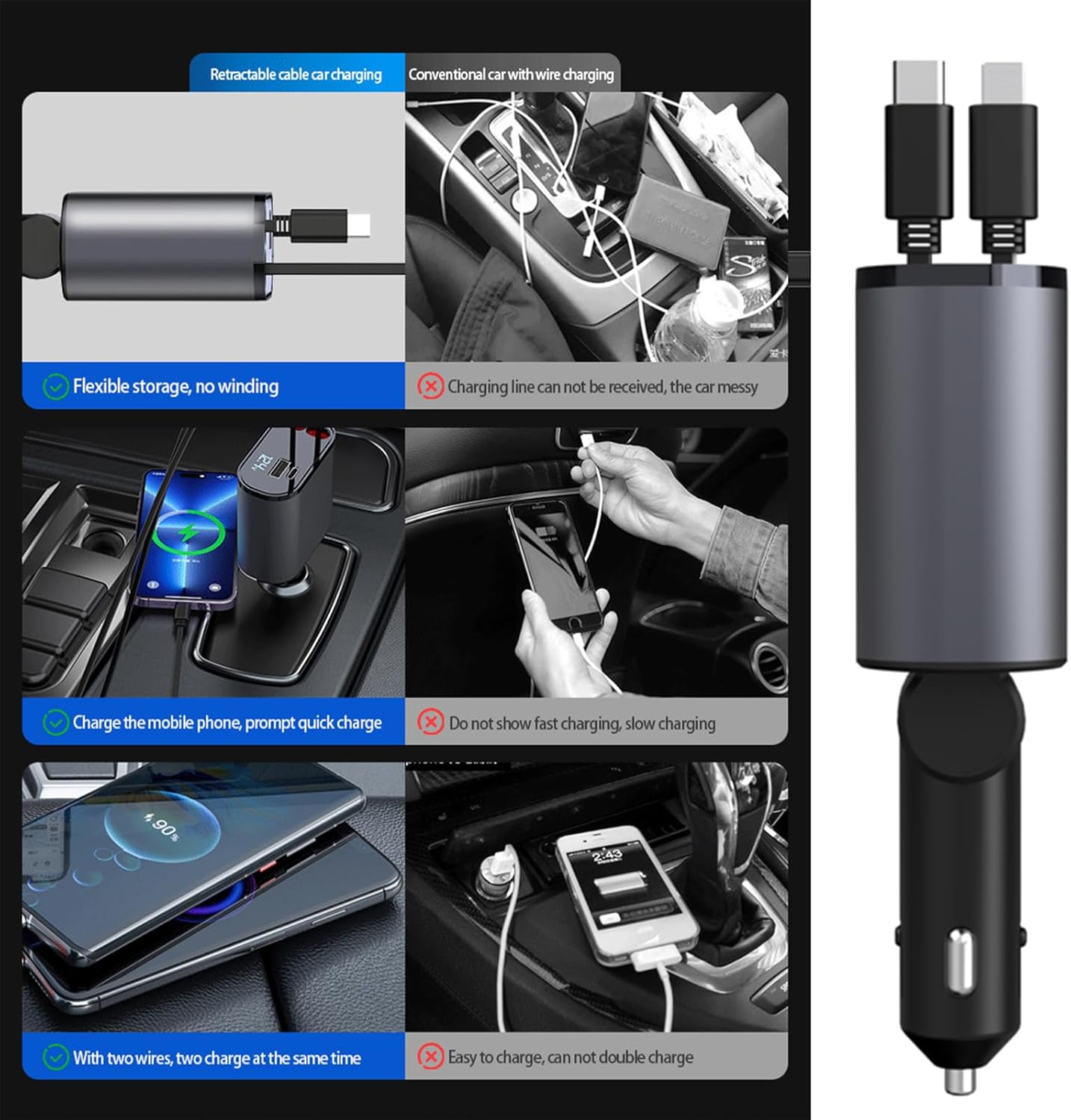 Retractable Car Charger，4 in1 Fast Car Phone Charger with Dual Retractable Cables and 2 Charging Ports (Dual TypeC Retractable Cords)