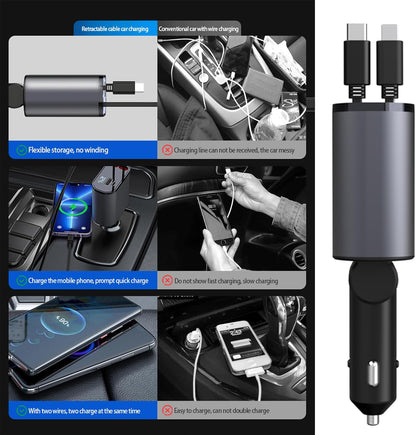 Retractable Car Charger，4 in1 Fast Car Phone Charger with Dual Retractable Cables and 2 Charging Ports (Dual Lightning Retractable Cords)