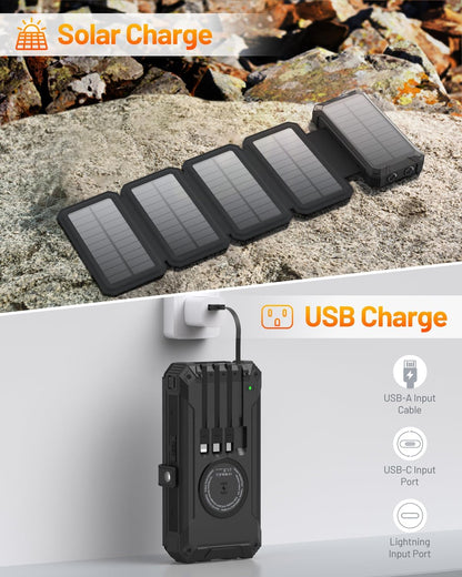 GOODaaa Solar Charger Power Bank, Portable Wireless Charger 36800mAh with Five Solar Panels Built-in Four Cable Five Outputs Outdoor Battery Pack for Cell Phone with Dual Flashlights, Carabiner