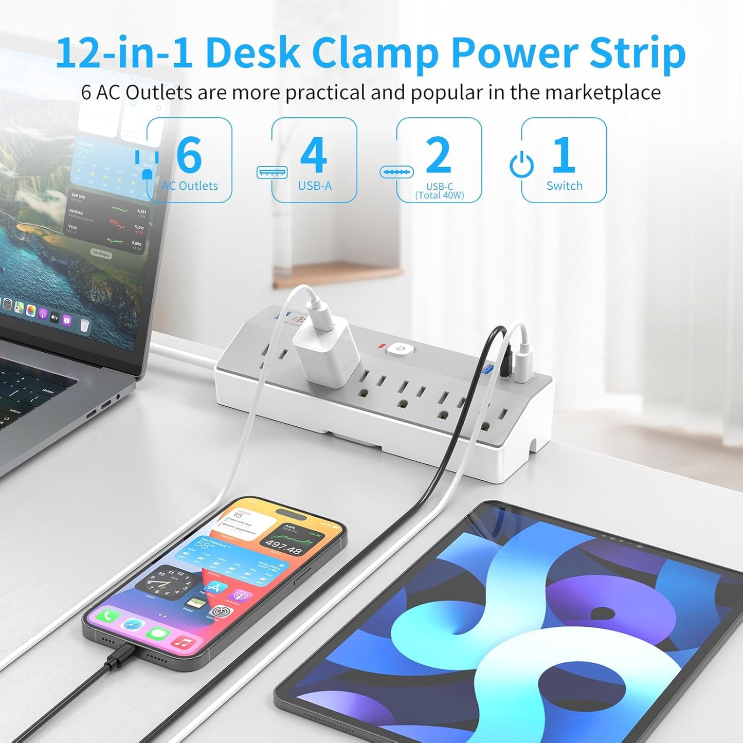 Clamp Power Strip Tall, 40W Fast Charging Station,Desk Mount Desk Shelf with 6 Outlets 6USB Ports (2USB C), 10Ft Extension Cord Home Office Essentials, Fit 2.48" Tabletop Edge