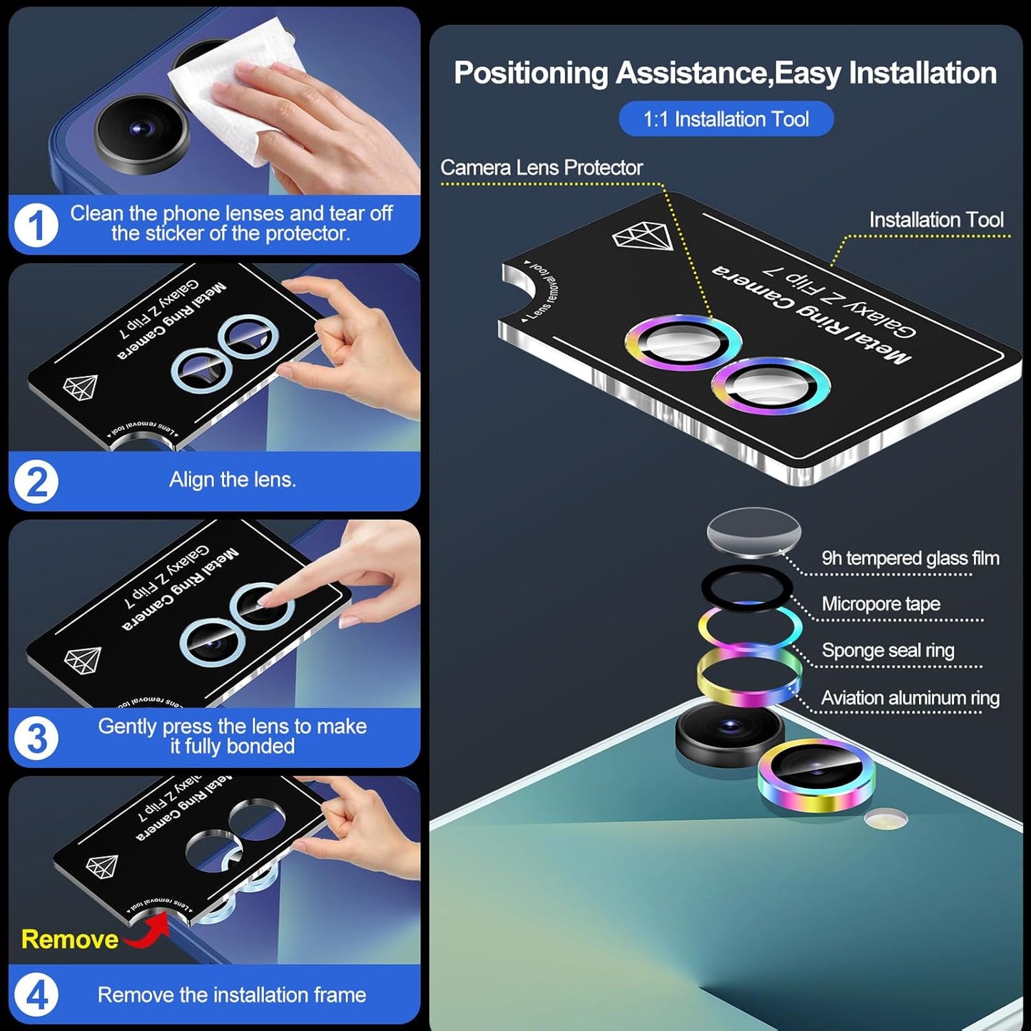 for Samsung Galaxy Z Flip 7 Camera Lens Protector, Individual Metal Ring Tempered Glass Lens Cover, [Strong Adsorption] Scratch Resistant Ultra-Thin HD Clear Lens Cover, 1 Set-Colorful