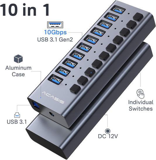 ACASIS Powered USB Hub,10 Ports USB 3.1 Hub with 10Gbps Data Speed, Individual On/Off Switches, 12V4A 48W Power Adapter, USB Hub 3.1 Powered for MacBook, Mac Pro/Mini, Surface Pro Laptop/PC