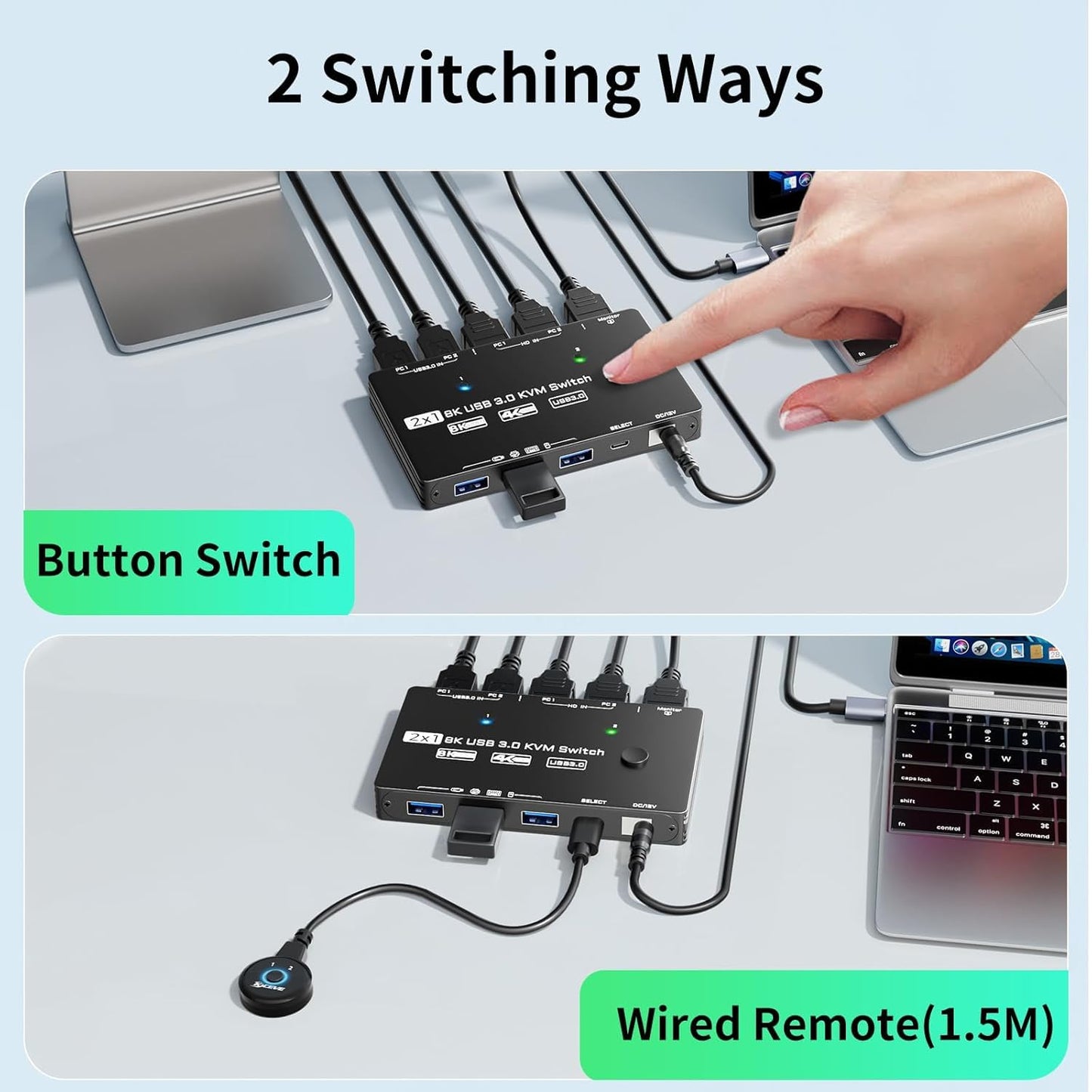KVM Switch 1 Monitor 2 Computers 8K@60Hz, HDMI KVM Switches for 2 PC Sharing Single Monitor and Keyboard Mouse with Power Adapter, Wired Extend Controller and USB3.0 Cables