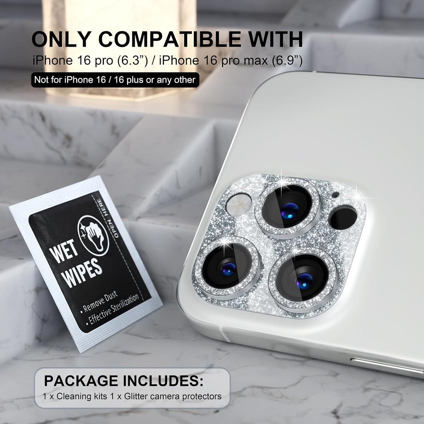 Choiche Compatible for iPhone 16 Pro/iPhone 16 Pro Max Camera Lens Protector, Bling Camera Cover with 9H Tempered Glass Lens Screen Protector Metal Ring Decoration Accessories (Glitter-Silver)