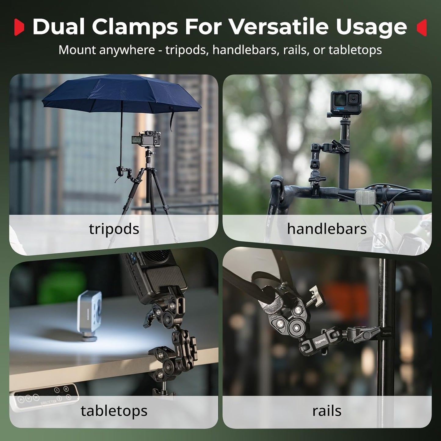 SMALLRIG Double Super Clamp Mount with Magic Arm, 360° Ballhead Pole Clamp for Umbrella, Chair Monitor Desk Photo Studio Light Stand, Photography Reflector, Motorcycle,Tripod Mount for Cross Bar