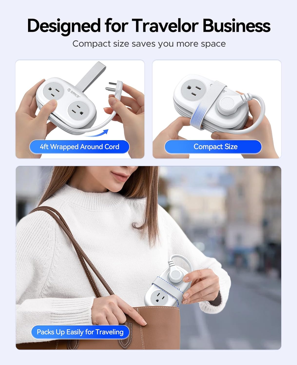 ORICO 20W USB-C PD Travel Power Strip, 4 AC Outlets 3 USB Ports (Fast Charging), 4FT Flat Plug Extension Cord, Cruise Approved, Compact for Business Travel/Dorm -AP3