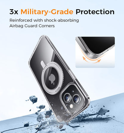 MAGIC JOHN for iPhone 15 Case 360° Rotatable Magnetic Invisible Stand, Fit for MagSafe 15 Phone Case, 16FT Military Grade Shockproof for iPhone Case with Kickstand, Clear