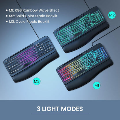 Ergonomic Backlit Keyboard with Wrist Rest, 7 Colors USB Wired Computer Keyboard, Wave Keys, with Phone/Tablet Holder, Comfortable Lighted Keyboard for PC, Windows and Mac