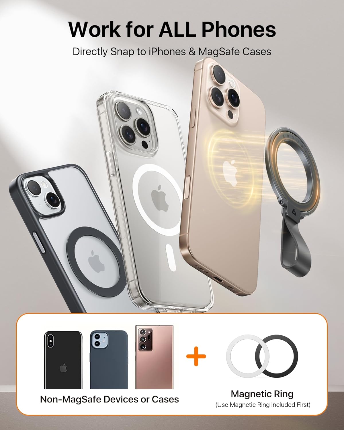 andobil [2025 Unrivaled Stability] Magnetic Phone Grip Holder for MagSafe Ring Stand Holder Kickstand Compatible with MagSafe Accessories for iPhone 16 Pro Max Plus iPhone15/14/13/12&Android,SpaceGrey