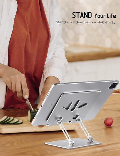 Tablet Stand Holder for Desk, Adjustable Desktop Tablet Holder, Foldable Aluminum Tablet Mount for iPad pro 11, iPad Air Mini, Samsung Galaxy Tabs Z Fold Kindle Fire 4-12 inch, Silver