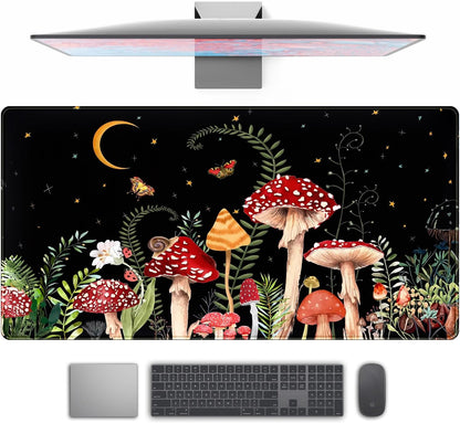 Ferns Leaves Cute Mushrooms Desk Mat Kawaii Green Plants Mouse Pad Xl Mat Large Gaming Desk Pad For Desk Decor Laptop Computer Keyboard Pad Desk Home Office For Women With Stitched Rounds 31.5x15.7 In