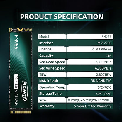FN955 4TB NVMe SSD M.2 2280 PCIe Gen4x4, Up to 7300MB/s, 3D NAND TLC Flash Internal Solid State Drive, Configure SLC Cache, Storage and Memory Expansion for PS5 Laptop Desktop