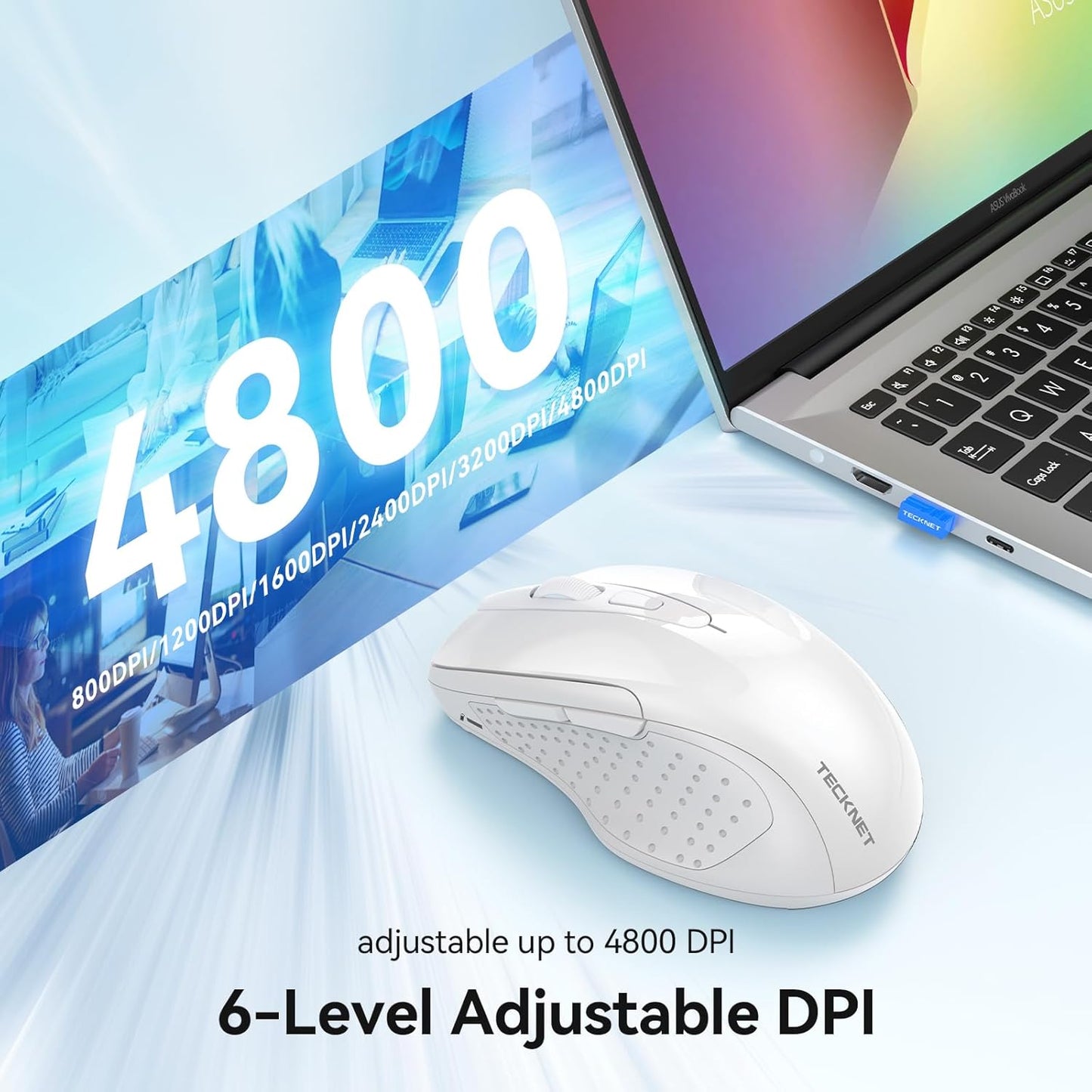 TECKNET Rechargeable Jiggler Wireless Mouse (BT5.0/3.0 & 2.4G) 4800 DPI Silent USB A & Bluetooth Mouse 6 Buttons, Wide Compatibility - White