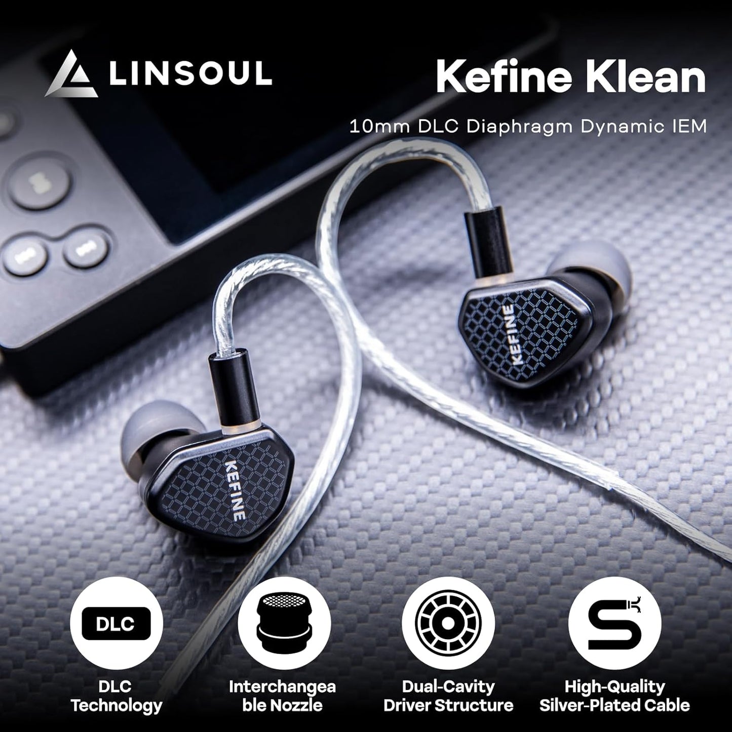 Linsoul Kefine Klean in Ear Monitor,10mm DLC Diaphragm Dynamic Driver HiFi Earphones,Wired Gaming Earbuds,Replaceable Nozzles,Detachable Silver-Plated Cable for Audiophile (No Mic 3.5mm, Black)