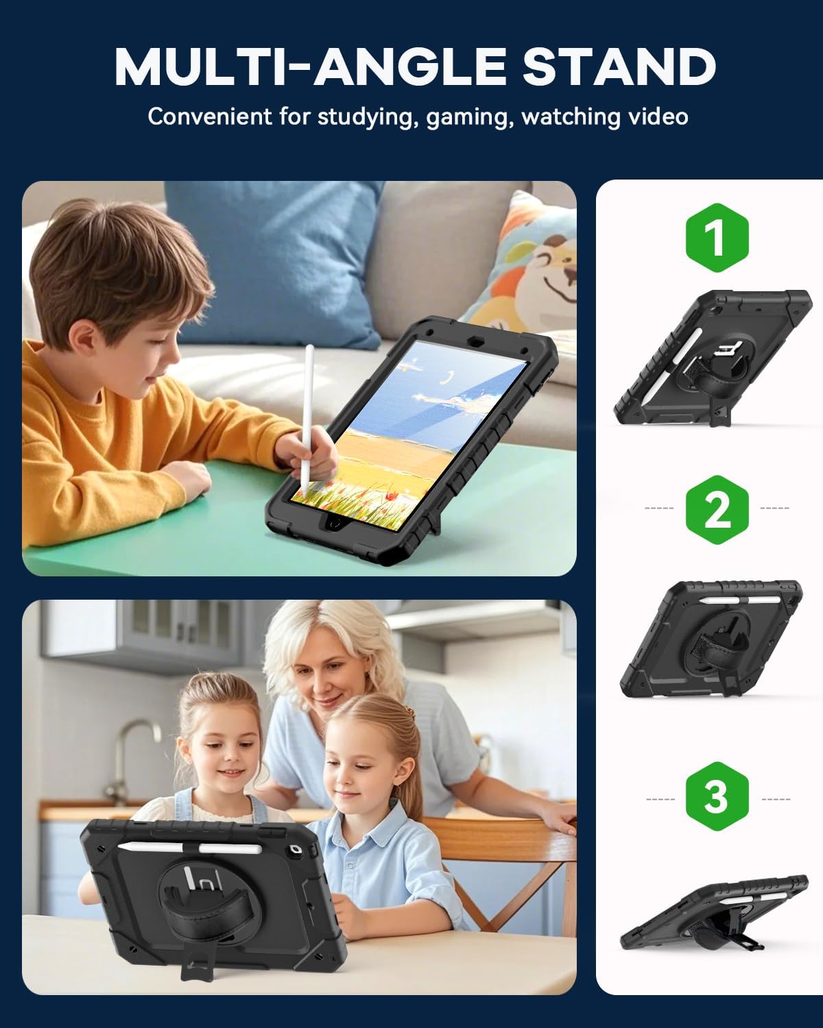 Cantis Case for iPad 9th/8th/7th Generation with Screen Protector, iPad 10.2 Case 2021/2020/2019 with 360 Degree Rotating Stand/Shoulder Strap/Pencil Holder, Black