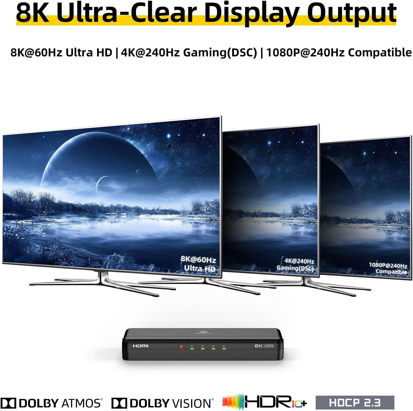 8K HDMI Splitter 1 in 4 Out, 1x4 Duplicate/Mirror Screens, HDMI 2.1, 8K@60Hz, 4K@240Hz (DSC), 4K@120Hz, Auto Downscaling, 48Gbps, HDCP 2.3, Compatible with Xbox, PS5, Blu-ray Player