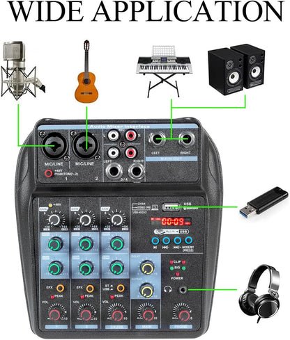 Dj Mixers 4 Channel Audio Mixer Sound Board with Bluetooth, Portable Usb Audio Interface with 48V Phantom Power Small Sounds Mixer Board with FX Delay Effect for Streaming