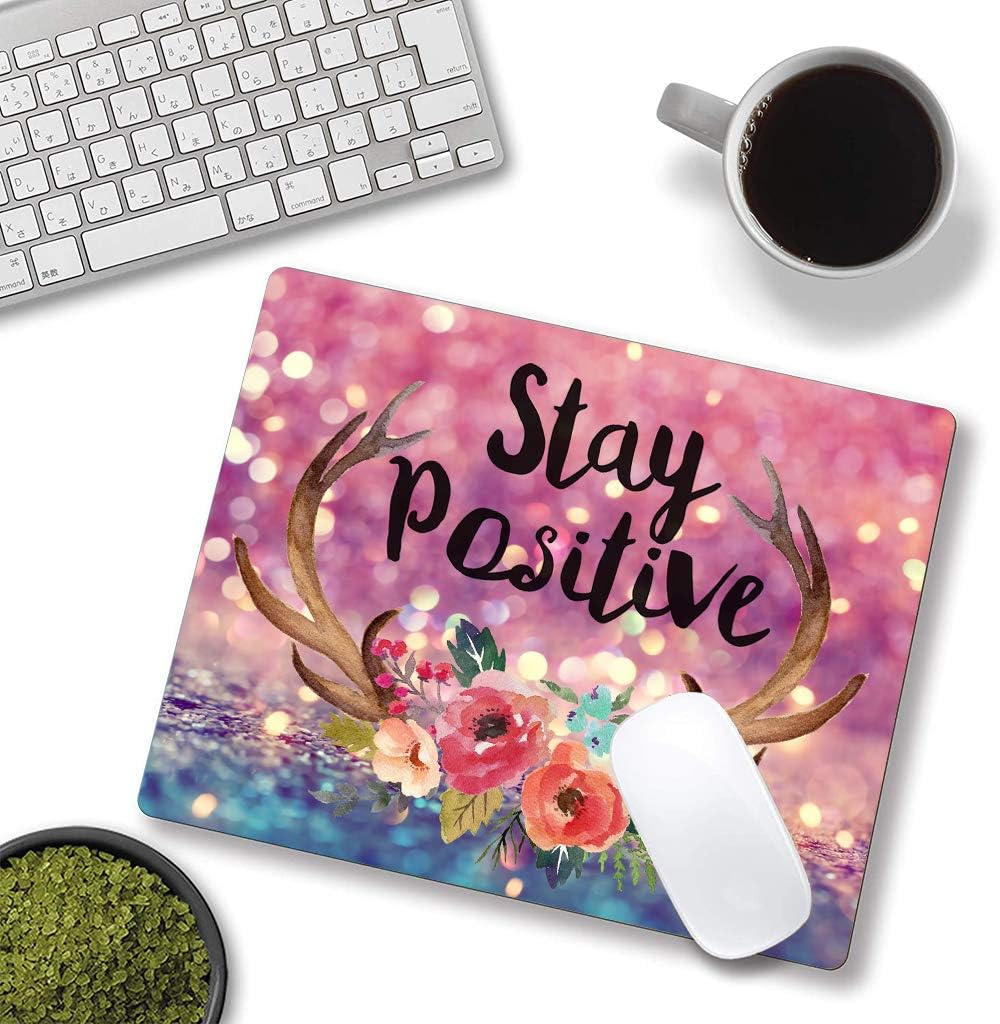 Inspirational Quote Mouse Pad - Purple Glitter, Square Waterproof, Non-Slip Rubber Base for Office Laptop, 9.5"x7.9"x0.12" Inch (Stay Positive)